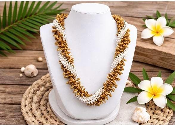 Handmade Gold and White Hawaiian Graduation Lei | Keepsake Island Style Celebration Necklace
